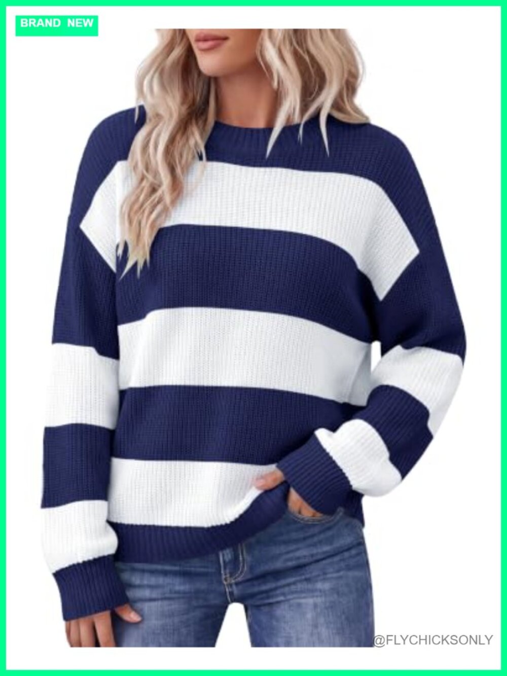Women Color Block Striped Knit Pullover Sweater Crew Neck Loose Fit